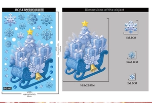 Detailed size specifications for blue Christmas sleigh and snowflake window stickers