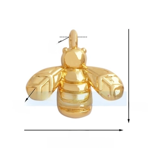 Close-up of golden bee pendant charm with precise dimensions and detailed 1mm hole