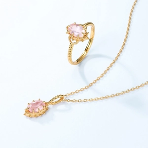 Vintage S925 silver crown ring and necklace set with natural pink rose quartz gems