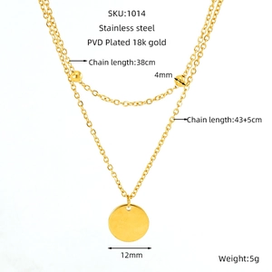 Double-layered 18k gold plated stainless steel necklace with round disc and bead pendants