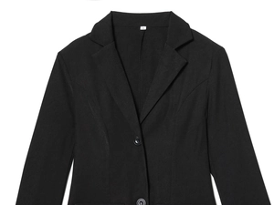 Close-up detail of the neckline, lapel and button on the black lace patchwork blazer