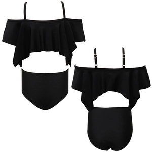 Two-piece black girls' bikini with ruffled off-shoulder top and high-waist bottoms