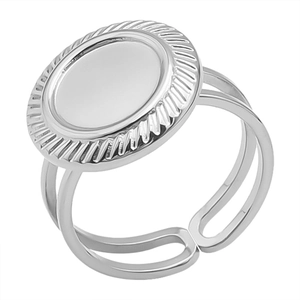 Detailed macro of an adjustable stainless steel ring with an oval bezel and wavy texture
