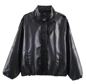 Detailed close-up of women's black faux leather jacket with stand collar and zipper