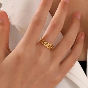 Stainless Steel Chain Ring For Women Gold Plated Open Adjustable Curb Link Hip Hop Trendy Minimalist Jewelry