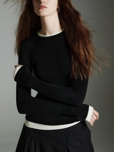 Women Wool Cotton Blend Fake Two Piece Knit Top Contrast Trim Slim Fit Long Sleeve Pullover Commuter Office Sweater