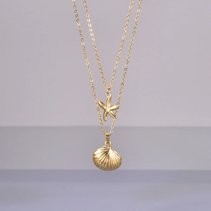 Vintage Stainless Steel Seashell Starfish Pendant Necklace For Women Summer Beach 18K Gold Plated Double Layer Jewelry Necklace