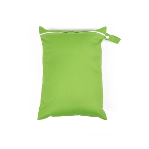 Waterproof green diaper wet bag with white zipper and convenient carrying strap