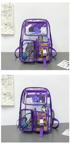 Vista dettagliata dello zaino in PVC trasparente impermeabile con bordo in nylon viola