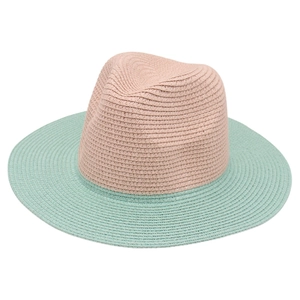 Close-up of two-tone woven straw panama hat in beige and mint green with dense texture