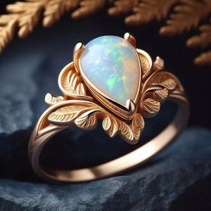 Vintage Ring For Women Copper Gold Plated With Pear Shaped White Imitation Opal And Leaf Texture Design Victorian Style