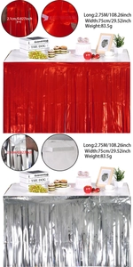 Detail of red and silver metallic tinsel table skirts with precise dimensions and weight