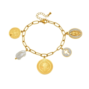 Gold plated stainless steel multi-pendant bracelet with St. Benedict medals and baroque pearl