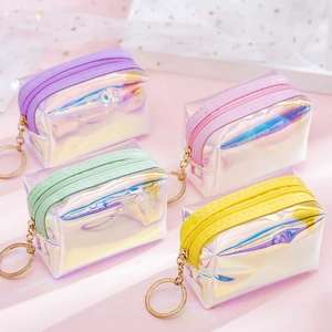 Holographic mini coin purses in four pastel colors with golden keychains for women