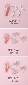 Three bow nail art charms in silver pearl and rhinestone hollow design for manicure