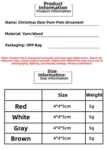Detailed size chart for reindeer yarn ball ornaments showing dimensions and weights