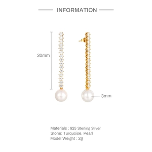 Elegant 925 sterling silver drop earrings with linear cubic zirconia and white pearls
