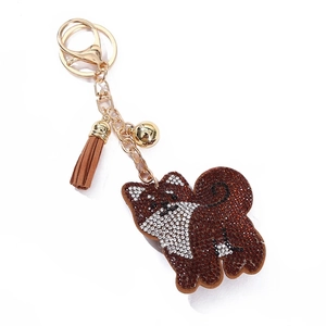 Sparkling crystal Shiba Inu dog keychain with brown leather tassel and gold bell charm