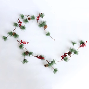 1.8M Christmas garland with green pine needles, red berries, and natural pinecones