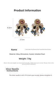 Detail view of crystal wind chime earrings with measurements 8.3x2.7cm and silver pins