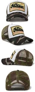 Detailed four-angle view of camo trucker hat with embroidery and breathable mesh