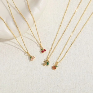 14K gold plated necklace set with zircon fruit charms including cherry and palm tree