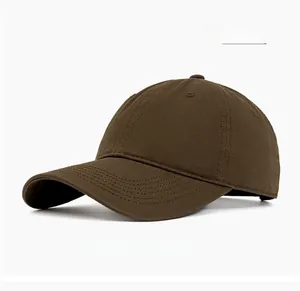 Detail of coffee brown cotton twill baseball cap with reinforced stitching and eyelets