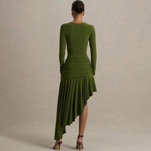 Elegant olive green long-sleeve slim fit dress with ruched waist and asymmetric hem