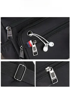 Detail of side earphone port, adjustable buckle, and durable metal zippers on black bag