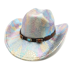 Rainbow wide brim cowboy hat with iridescent scale texture and turquoise leather band