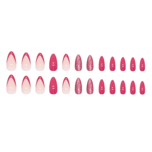 Deep rose almond press-on nails set with glitter and French tip designs on white background