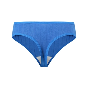 Detail der blauen Rippbaumwoll-Thong mit atmungsaktivem Stoff und hohem Beinausschnitt