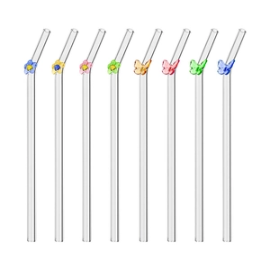 Reusable heat-resistant glass straws with colorful 3D butterfly and flower ornaments