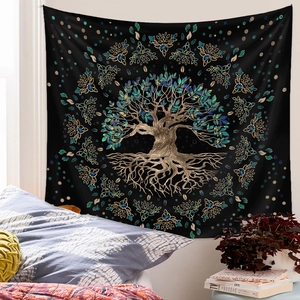 Detailed bedroom decor showing a Tree of Life tapestry with golden roots on a black wall