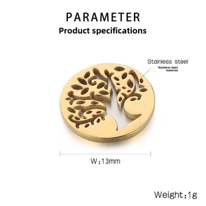 Detailed specifications of a 13mm stainless steel tree of life pendant in gold finish