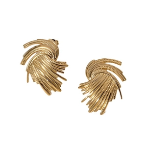 Vintage irregular woven golden stainless steel stud earrings for women on white background