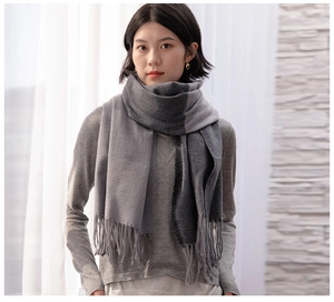 Detail showing gradient grey cashmere-like scarf with soft fringes and knitting texture