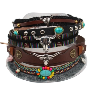 Western style faux leather hat band with turquoise beads and alloy bull skull charm