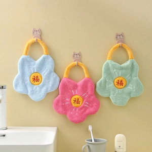 Hanging flower hand towels in pink, blue, and green coral fleece for bathroom decor