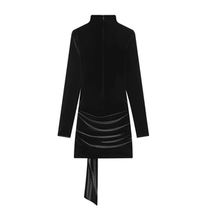 Elegant black velvet long sleeve mini dress with high neck and side ruched detailing