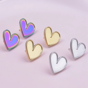Detailed set of 304 stainless steel heart earrings in colorful, gold and white finishes