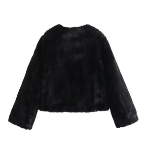 Rear view of black long-sleeve faux fur jacket with soft fleece texture on white background