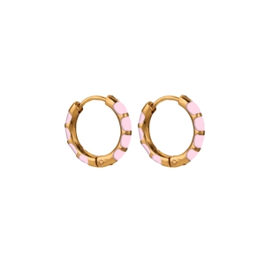 Macro detail of gold stainless steel hoop earrings with pink enamel coating texture