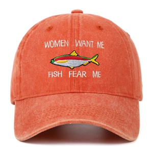 Close-up of fishing embroidery and vintage washed fabric on distressed baseball cap