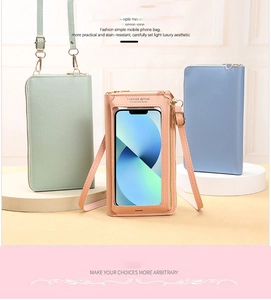 Dettaglio di borse per cellulari con finestra touch trasparente in vari colori moda