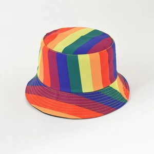 Close-up of rainbow striped bucket hat fabric texture with vibrant colorful patterns