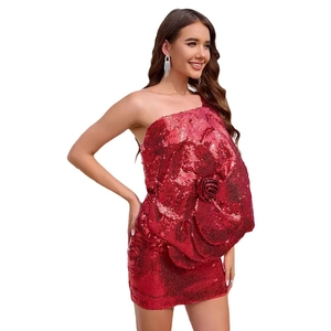 Robe mini sexy à paillettes rouges une épaule avec grande décoration de rose 3D