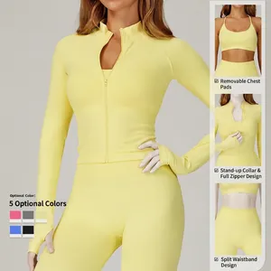 Ensemble de yoga jaune sans couture avec veste zippée à manches longues, brassière et legging