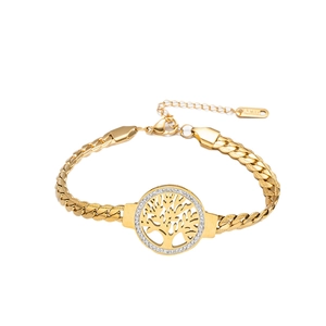 Golden stainless steel Tree of Life bracelet with sparkling rhinestones and adjustable chain