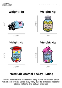 Macro detail of alloy enamel pins showing 4g weight and product dimensions